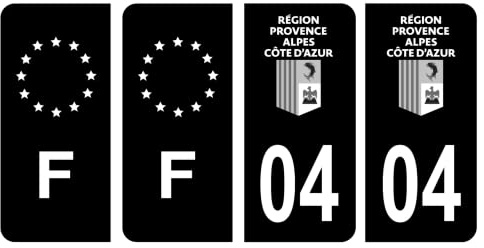 HADEXIA Nummernschild-Aufkleber, französisches Departement 04, Alpes-de-Haute-Provence, Region PACA, Schwarz und F, Frankreich, 4 Stück
