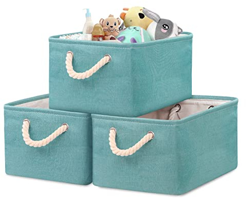 Newthinking Large Storage Box, 3 PCS Fabric Wardrobe Storage Basket with Handles, Waterproof Foldable Storage Baskets Organiser for Toys, Clothes, Office Products(Green), Blue