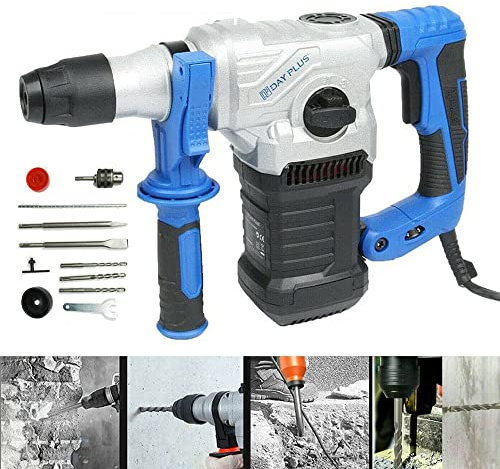 Martillo Perforador con Cable 1500W, Taladro Martillo Cincel 3 en 1, 6 Velocidades, SDS Plus Mandril, Mango Auxiliar Ajustable 360°, con Brocas, Cincel Plano, Cincel Punta y Caja