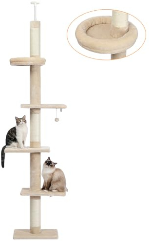 PAWZ Road Kratzbaum, Deckenspanner, 5-stöckig mit Hängematte, Beige | Kratzbaum Deckenspanner, 5 Ebenen Katzenturm, gemütliche Hängematte, Plattformen & Kugeln, 243-273cm höhenverstellbar