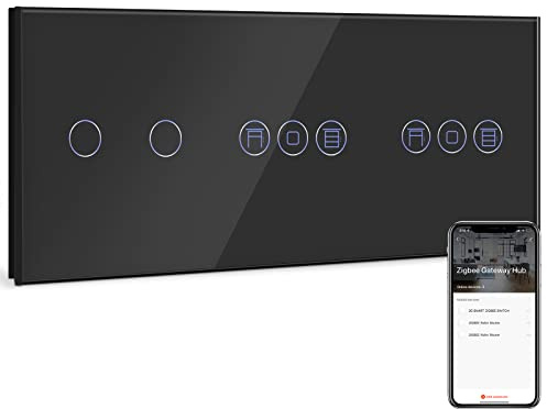 BSEED Smart ZigBee Schalter mit Rolladenschalter,2 Fach 1 Weg Smart Touch Schalter und Rolladenschalter arbeitet mit Smart Life/Tuya APP,kompatibel mit Alexa und Google Home Schwarz(Hub erforderlich)