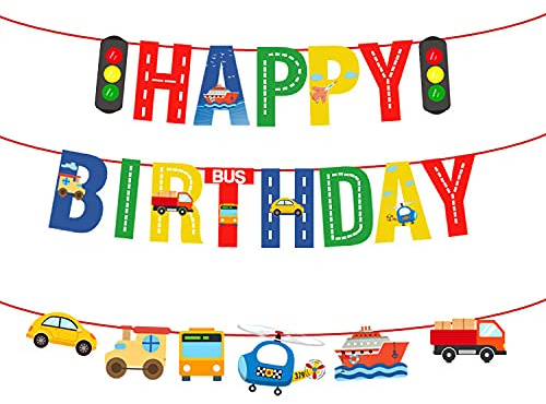 Happium Transport Grattis på födelsedagen banderoller bil buss tåg plan fartyg helikopter trafikljus foto rekvisita girlang för barn födelsedagsfest baby shower dekoration tillbehör