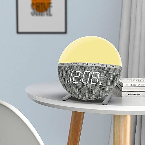 Reloj despertador de salida del sol, luz de despertador con reloj despertador digital, luz nocturna LED, ayuda para dormir, repetición, luz de día, 7 colores, 8 sonidos naturales