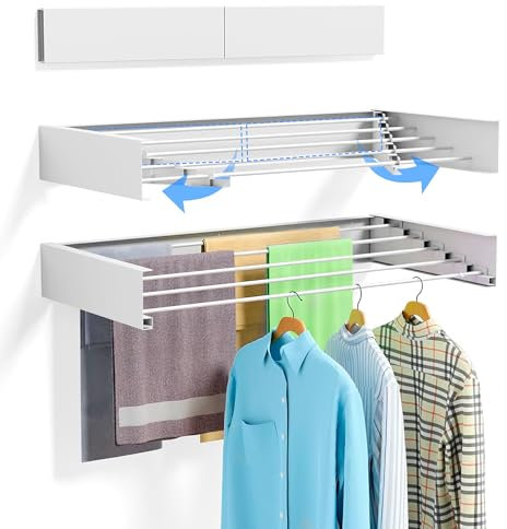 JUPPLIES Tendedero Pared Plegable Retractil 80cm - Tendederos Plegables de Pared para Interior o Exterior - Ahorra de Espacio con Diseño Compacto de 30 kg de Capacidad - (80cm, Blanco)