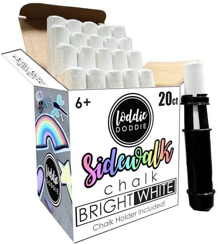 Loddie Doddie Jumbo White Sidewalk Chalk - Pack of 20 - Ergonomic Easy-Grip Sidewalk Chalk for Kids - Low-Dust Formula for Outdoor Kids Activities - Storage Bucket for Outside Fun