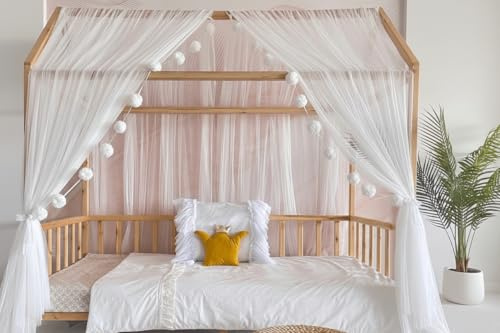 Baby Fancyroom Letto per la casa, decorazione per la cameretta dei bambini, letto dei bambini, baldacchino, ghirlanda di pompon in tulle di alta qualità (Ecru/crema, 340 cm, +5 farfalle dorate)