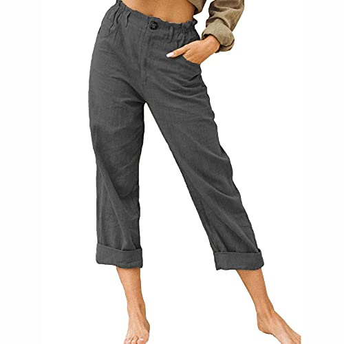 Slxbear linnebyxor dam raka ben beskurna byxor knappar elastisk midja 3/4 byxor dam capribyxor casual lösa joggingbyxor enfärgade bomull linnebyxor damer sommarbyxor, #1 Mörkgrå, M