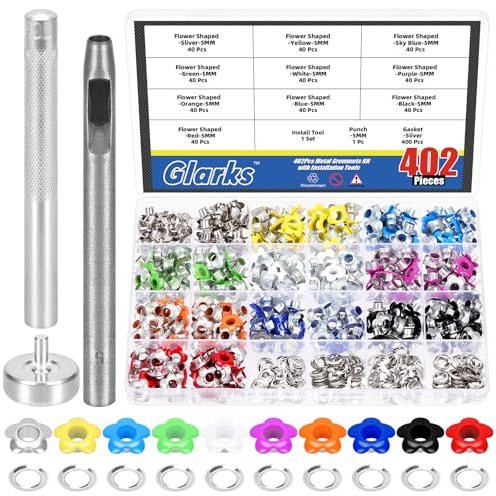 Glarks 402 st 5 mm (3/16 tum) blomöljetter genomföringsset, 10 färger metallblommor öljetter med 2 st installationsverktygssats för skoöljetter, bälte, väskor, bokmärken, papper, scrapbooking och