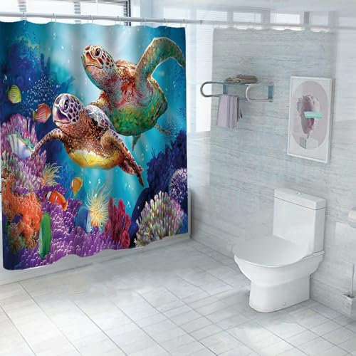 FAIRYGATE Duschvorhang Blau Badevorhang Wasserdicht Schwer Schimmelresistent Anti Schimmel Schildkröten Motiv Pflanzen Badewanne Vorhang Waschbar B9311