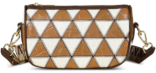 DIRRONA Crossbody Bags for Women Handmade Collage Colorful Shoulder Bag Leather Handbags & Shoulder Bags with Adjustable Wide Strap Ladies Fashion Casual Travel Bag Messenger BagBrown C