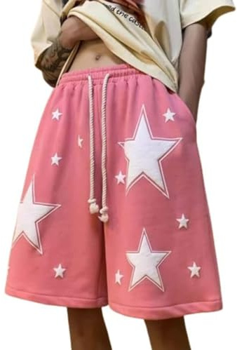 Baggy Jean Shorts Y2K Män Star Raka Ben Jorts Sommar Casual Loose Byxor Grunge Harajuku Streetwear Kläder(Pink,XX-Large)