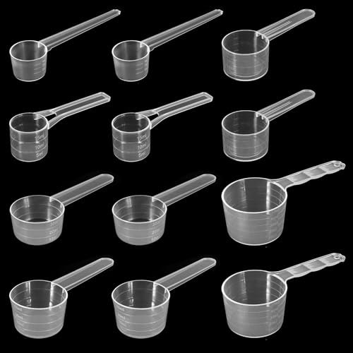 taonganui 12 Stück Messlöffel, Dosierlöffel Transparent mit Skala 5g, 7.5g, 10g, 15g, 20g, 25g Messlöffel Gramm für Backen Küche Kaffee Proteinpulver Waschpulver