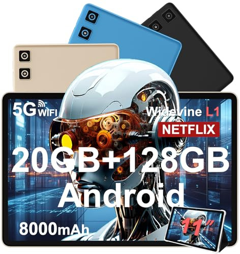 Tablette Android 14 avec Widevine L1, 13MP+5MP, 8000 mAh + Charge Rapide 18 W, Tablette Tactile 11 Pouces avec 20 Go RAM + 128 Go ROM (Extensible 1 To), 5G Wi-Fi, GPS, Octa-Core 2.0 GHz, Face ID, Or