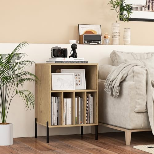 RELAX4LIFE Supporto per Giradischi con Stazione di Ricarica, Porta Vinili con 5 Scomparti e Gambe in Metallo, Scaffale per Dischi in Vinile per Soggiorno, Camera da Letto (Naturale)