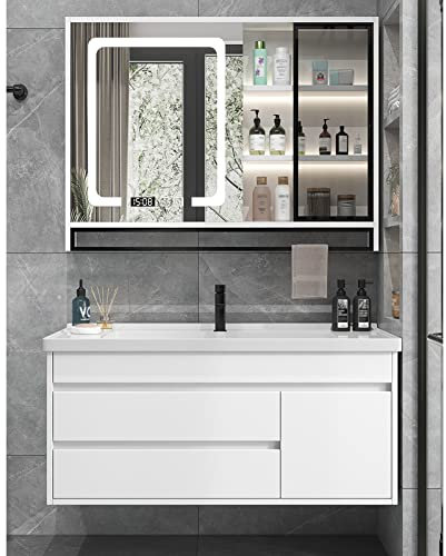 Mobile da bagno galleggiante in legno con lavabo in ceramica e specchio da parete, design moderno per lavanderia, lavabo e stazione di lavaggio, montaggio a parete, 70 cm