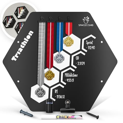 Spacecomb Medaillenhalter Bestzeiten Finisher Board Running Marathon Geschenk Zubehör Triathlon Duathlon Laufen Ultra Run Aufhänger Medaillen Aufbewahrung Halterung Medal Holder (Triathlon, weiß)