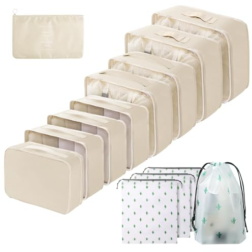 Packing Cubes for Suitcases, 13PCS Multifunction Luggage Suitcase Organiser Bags, Waterproof Travel Packing Cubes for Backpack, Essential Travel Cubes Clothes Shoes Storage Bags (Beige)