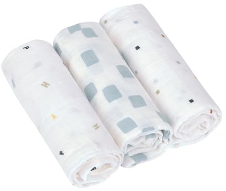 LÄSSIG Panno per ruttini per neonati in mussola set di 3 pezzi in cotone 60 x 60 cm/Swaddle & Burp Blanket M Happy Fruits blue
