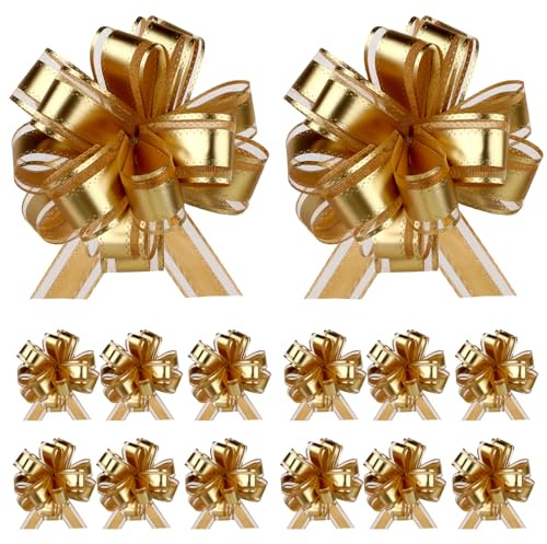12 Stück Geschenkschleife, Geschenkschleife Groß Geschenkband Gold, Schleifenband Geschenk Schleife 11 cm mit Zugband, Dekoschleifen für Geschenke, Feier, Auto, Hochzeit, Basteln und Deko