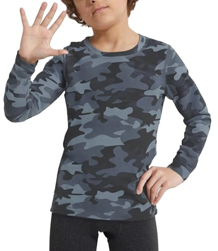LNFINTDO T-shirt de compression thermique à manches longues pour enfants pour entraînement de football, baseball, hockey, Camouflage noir, 13-14 ans