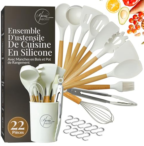 Ustensiles de Cuisine en Silicone, 22 PCS Set Ustensile Cuisine sans BPA, Kit d'Ustensiles de Bois, Antiadhésive Set avec Pot de Rangement - Blanc
