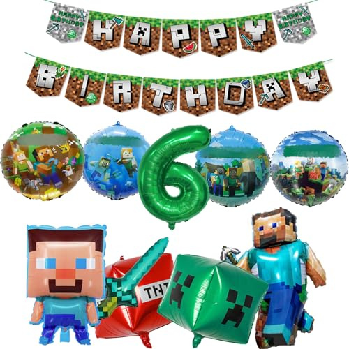 Yoimckay 11 Pièces Décoration D'anniversaire de Ballon Pixel,6 anni ballon en Aluminium, Cartoon Thème Anniversaire Ballons,Cartoon Décorations ballon,Décoration de Fête D'anniversaire pour Enfant(6)