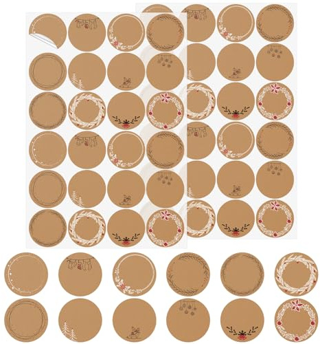 Weihnachtssticker Runde 240 Stück, 4 cm Weihnachtsaufkleber selbstklebende in Braun-Weiß für Geschenke, Karten, Tüten & DIY Weihnachtsdekoration (Stil F)