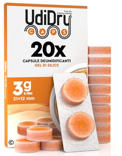 20 Capsule Essiccanti Deumidificanti per Apparecchi Acustici UdiDry Caps 3g 31mm con Indicatore di Colore - Gel di Silice di Alta Qualità per Contenitori di Asciugatura