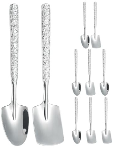INOOMP Cucchiai da Dessert Facile da Pulire Set di 10 Forma a Pala in Acciaio Inossidabile Argento Design Martellato Raffinato per Frutta e Dolci in Cucina e Intrattenimento