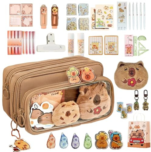 Capybara Juego de Escritura | Lindo Estuche para lápices Capybara | Bolsa para bolígrafos de gran capacidad Organización para útiles escolares | Goma de borrar Regla Marcador Niños Estudiantes Aula