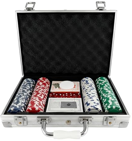 Poker Chip Set - Professionelles Spielset mit Koffer | Clay Chips, Dealer Button, Karten, Würfel, Home Entertainment Gambling Zubehör, Turniertischbedarf, Reise-Aufbewahrungsbox für Familienspaß