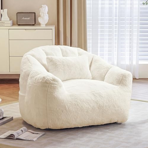FurniSoar Sitzsack für Erwachsene, Flauschiger Loungesessel aus Kunstfell mit Kissen, Belastbarkeit bis 160 kg, Vakuumverpackt & ohne Montage, für Wohnzimmer, Schlafzimmer, Balkon, Weiß