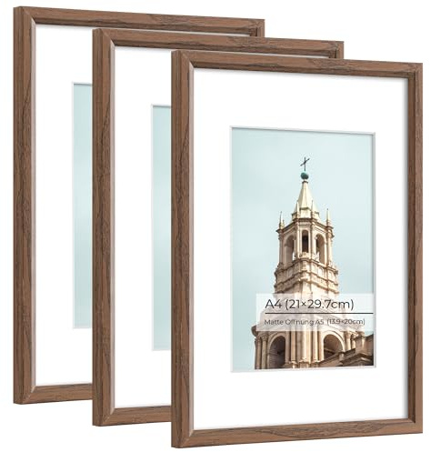 Axeman A4 Bilderrahmen, Anzeigebilder A5 mit Matte oder A4 ohne Matte, Wand und Tischplatte Anzeige Fotorahmen, Walnussholzkorn, 3 Packungen