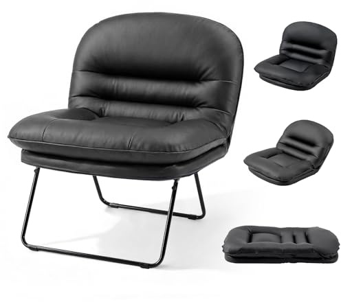 DUMOS Comfy Saucer Chair,PU Leather Foldable Chairs for Bedroom, Dorm & Gaming, Foldable Fashion Floor Chair with Back Support for Small Spaces,Black
