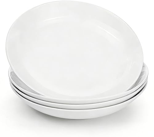 Aleker 8 Inch Ceramic Pasta Bowls Set of 4,Large White Salad Bowl Pasta Plates Dessert Bowls Breakfast Serving Dishes for Spaghetti Bolognese,Salad,Fruit Crumble,Grain Bowl Microwave Dishwasher Safe