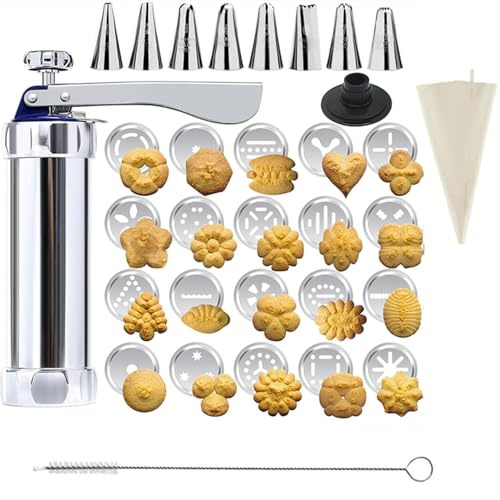 Professional Stainless Steel Cookie Press Gun Kit - Heavy Duty Biscuit Maker for Effortless Baking -20 Upgraded Metal Discs & 8 Icing Nozzles - Complete Spritz Cookie Maker Set for Homemade Treats