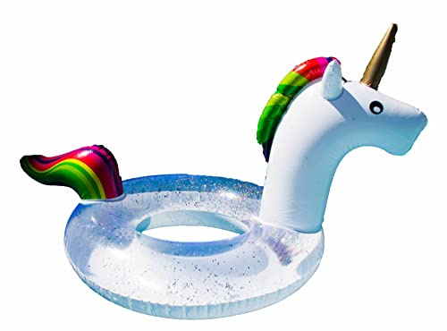 Generisch Aufblasbarer Schwimmreifen Einhorn Design mit Glitzerfüllung, 80 cm Durchmesser, Regenbogen Mähne und Schwanz, Pool Float