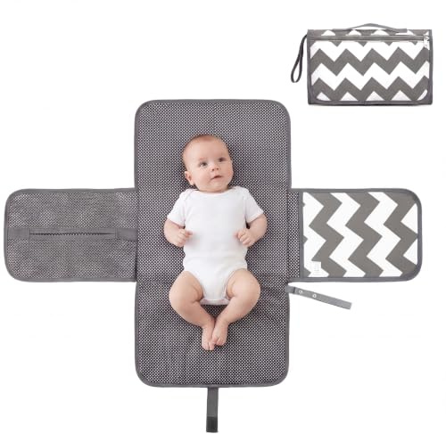 Portable Baby Changing Mat, Foldable Waterproof Travel Change Mat, Grey | Leak-Proof Backing, with Carry Handle & Wipe Pocket, Folds Compact, 90 x 60cm Open, Pockets for Nappies and Essentials
