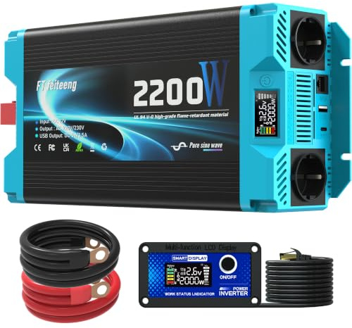 FT feiteeng Convertisseur 2200W 12V 220V Pur Sinus | Onduleur Transformateur avec LCD Télécommande, 2 Prises UE, USB-A, Type-C, Matériau ignifuge conforme UL 94 V-0
