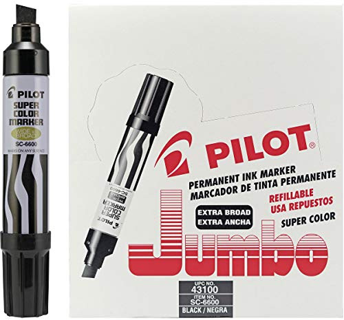 Pilot Super Color Jumbo Refillable Permanent Markers, Black Ink, Extra-Wide Chisel Point, 12-Pack (43100)