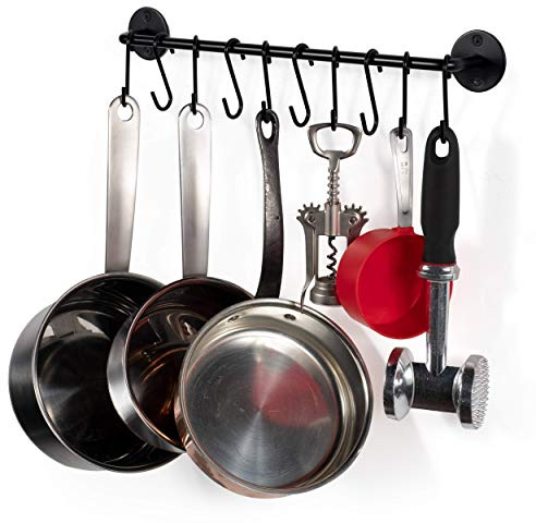 Wallniture Cucina 16 Wall Mount Kitchen Organization Storage Rail with 10 S Hooks for Hanging Pots and Pans Set and Lid Organizer, Black