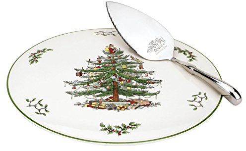 Portmeirion Spode Tortenplatte und Servierset mit Weihnachtsbaum, 29,1 cm, feines Porzellan, Tortenplatte mit Edelstahl-Servierer, für Feiertagsfeiern, festliches Weihnachtsgeschirr, saisonales