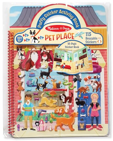 Melissa & Doug Pet Place Puffy Sticker Activity Book – 115 Reusable Stickers with 10 Background Scenes, Pet-Themed Mess Free Travel Toys for Kids Ages 4+ - FSC Certified