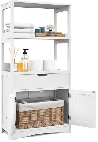 COSTWAY Freistehender Badezimmerschrank, Hochschrank für Bad mit 2 Türen & 3 offenen Regalen & Schublade, moderner Mehrzweckschrank Küchenschrank für Bad Küche Wohnzimmer (Weiß)