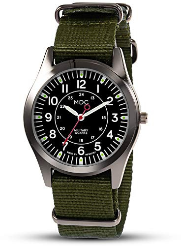 Infantry MDC Mens Military Watch, Tactical Field Watch for Men, Analog Japanese Quartz Wristwatch with 12/24 Hour Time, 3ATM Waterproof Rugged Work Watch, Olive Green Nylon Strap