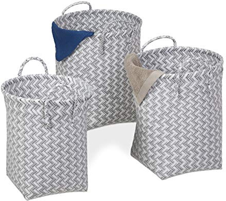 Relaxdays Wäschekorb geflochten, 3er Set Aufbewahrungskörbe, weiß/grau | 3 Größen, Spielzeugkorb mit Henkel, Kunststoff
