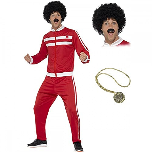 A2ZFD Scouser Tracksuit + Wig & Tash + Gold Medallion : Mens Fancy Dress Sports 1980s Adults 80s Costume (M (38-40inch)), Red