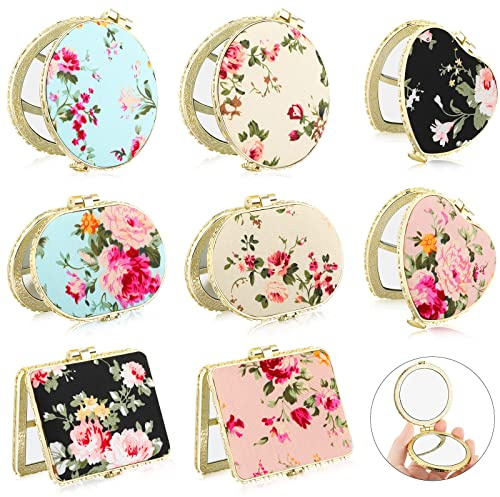 Blulu 8 Pieces Compact Mirror Bulk for Purse Flower Small Floral Retro Folding Portable Pocket Mirror for Women Girls Travel Gift(Gold Edge)