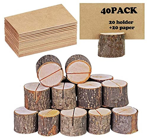 Place Card Holders, Rustic Real Wood with Wooden Bark Table Card Holder, Number Photo Stand Place Name Memo Card Holder for Wedding Party (20 Holders+20 Kraft Paper)