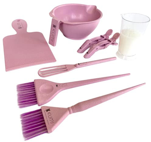 Kumi Professional 8 Piece Wheat Eco-Friendly Pink Tint Bowl and Brush Set - Ideal for Pro or Home Use